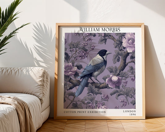 William Morris Style Magpie Print – Lilac Botanical Square Wall Art