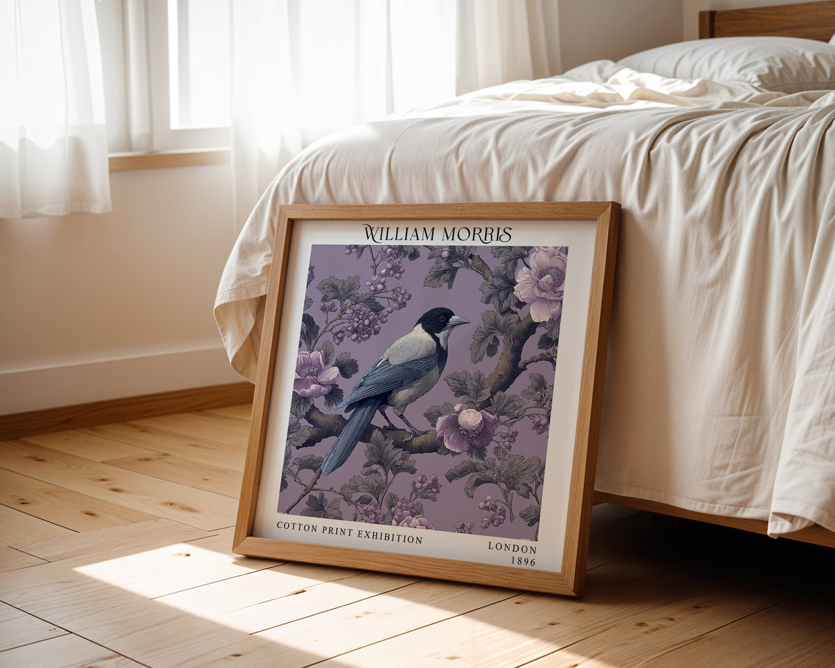 William Morris Style Magpie Print – Lilac Botanical Square Wall Art
