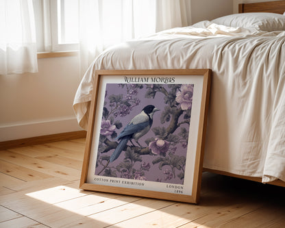 William Morris Style Magpie Print – Lilac Botanical Square Wall Art