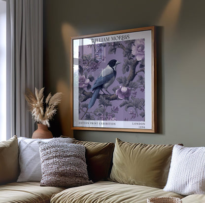 William Morris Style Magpie Print – Lilac Botanical Square Wall Art