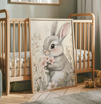 Grey bunny holding pink flowers nursery wall art print in wooden frame