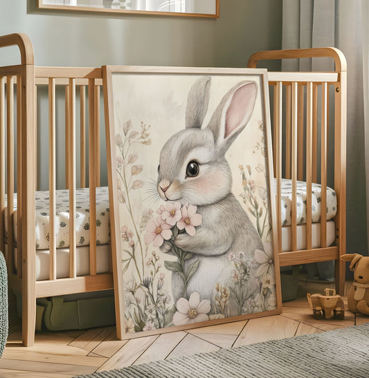 Grey bunny holding pink flowers nursery wall art print in wooden frame