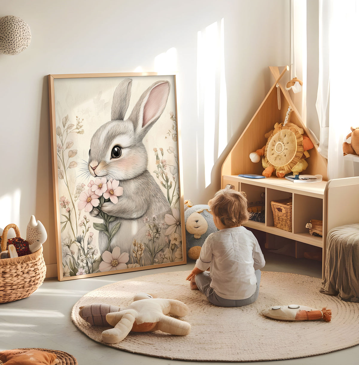Floral grey bunny nursery print displayed in a bright child's room