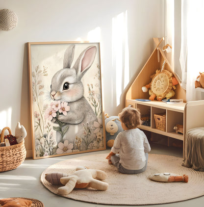 Floral grey bunny nursery print displayed in a bright child's room