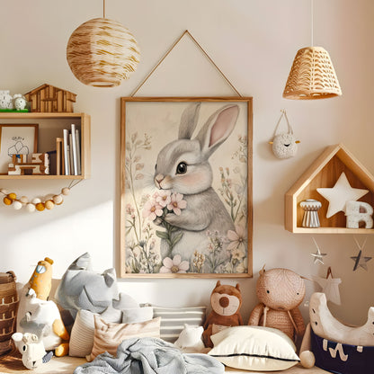 Grey rabbit and flowers nursery wall art in a warm kids bedroom