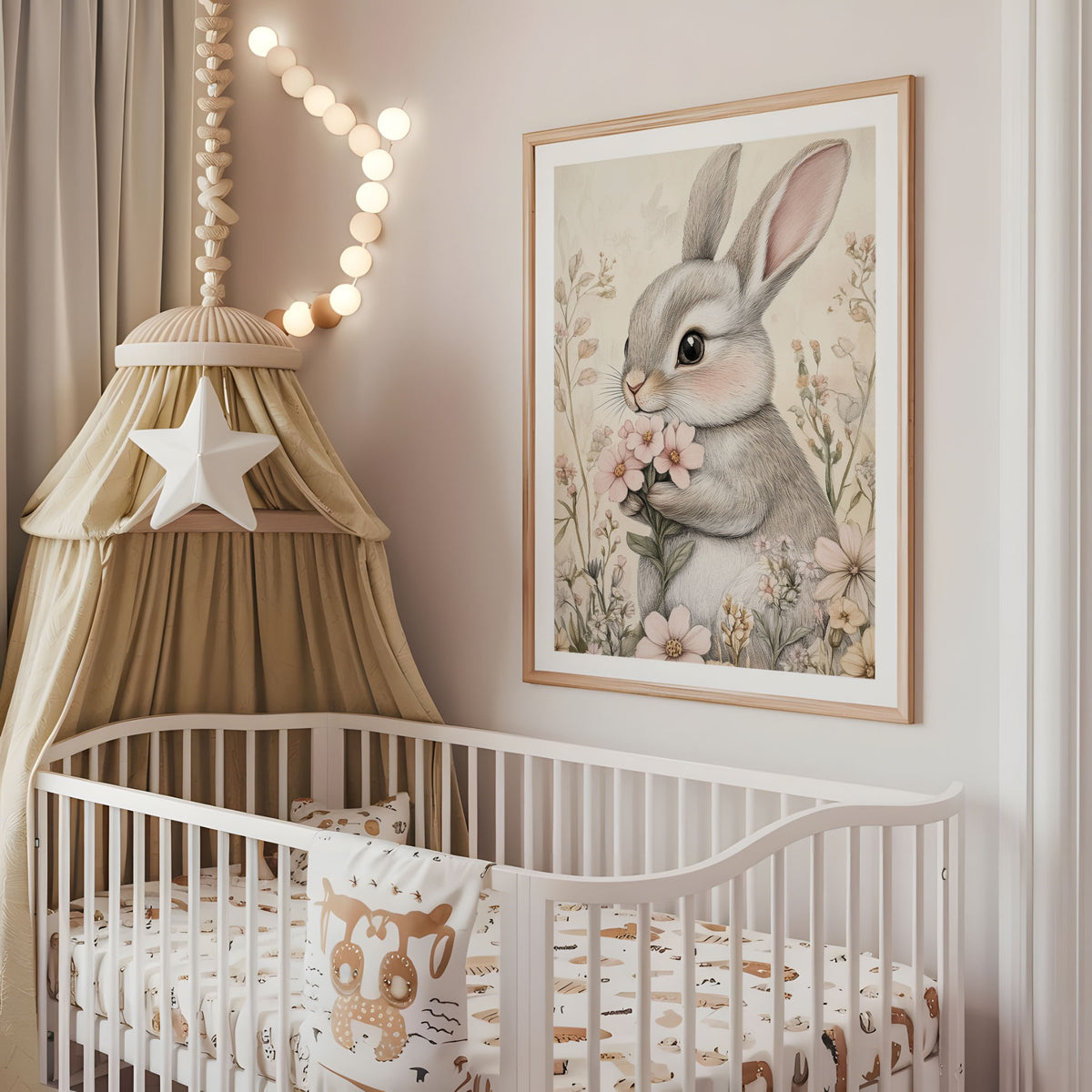 Soft floral bunny nursery print displayed above a cot