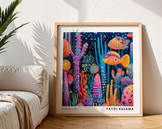 Yayoi Kusama Inspired Colourful Coral Reef Fish Print | Japanese Ocean Wall Art