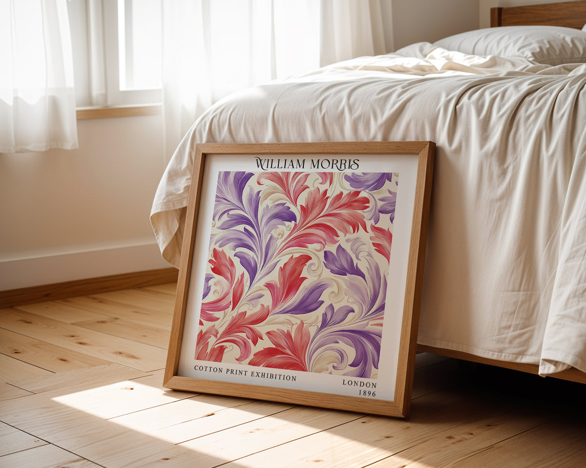 William Morris Style Acanthus Print – Pink & Purple Square Wall Art