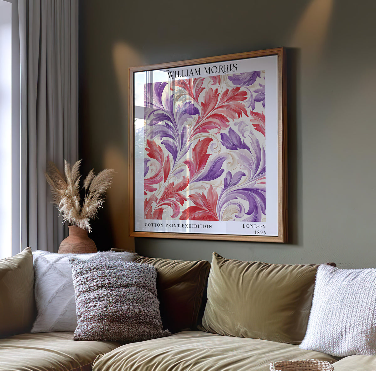 William Morris Style Acanthus Print – Pink & Purple Square Wall Art