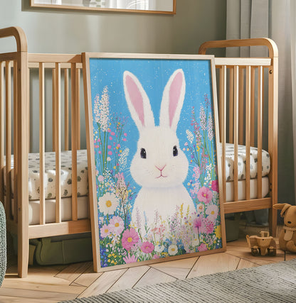White bunny floral nursery wall art print with bright blue background