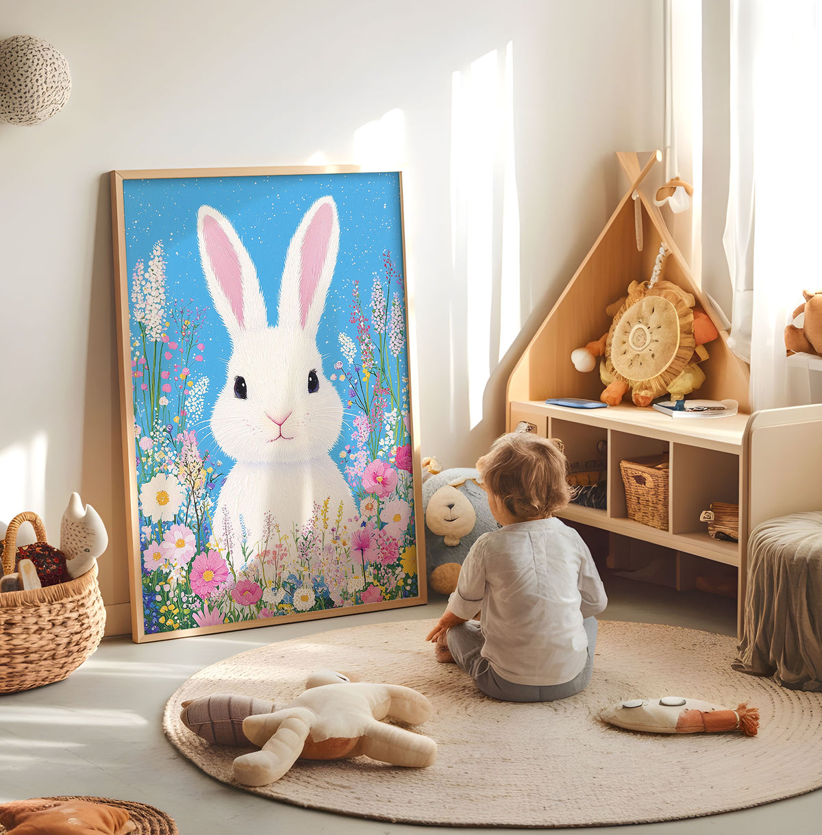 White rabbit and flowers nursery print displayed in a bright child's room