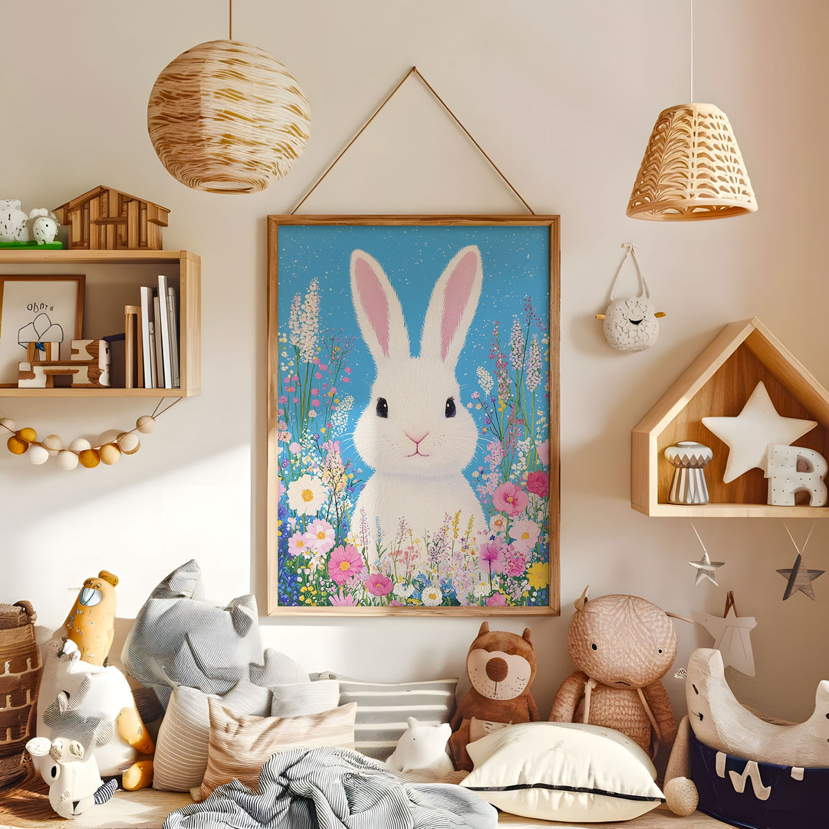 Colourful white bunny floral nursery wall art in a warm kids bedroom