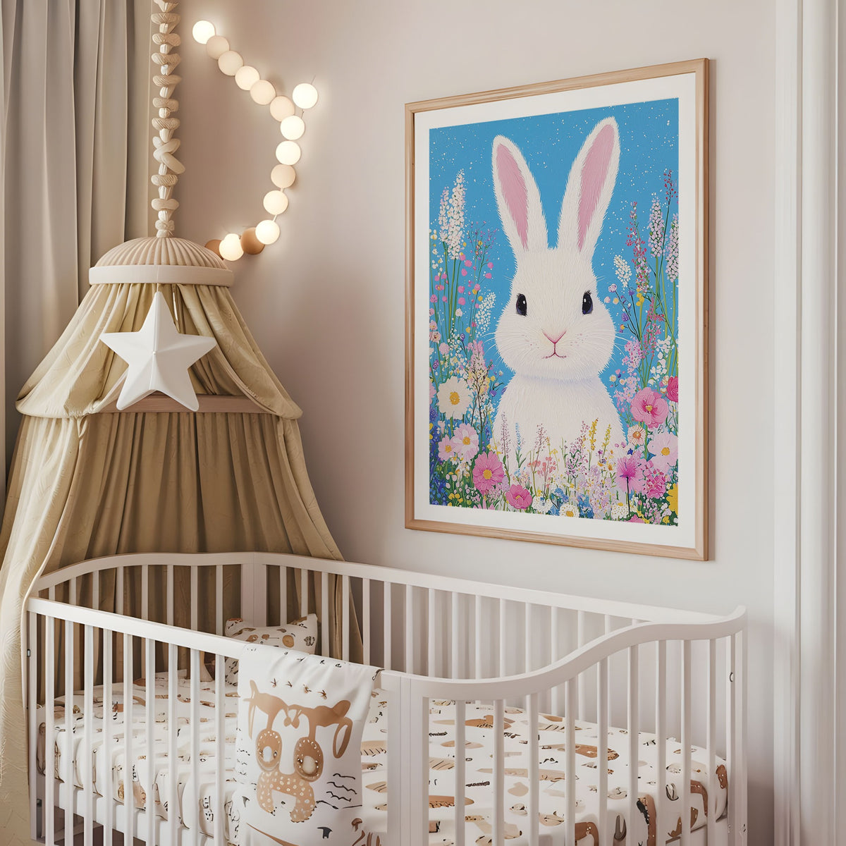 Blue floral bunny nursery print displayed above a cot