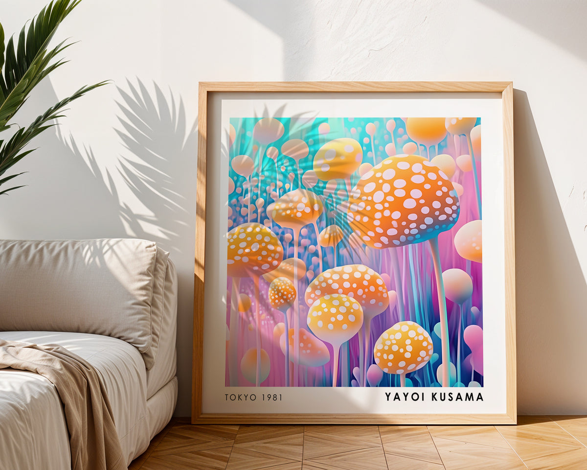 Yayoi Kusama Inspired Orange Mushroom Forest Print | Colourful Polka Dot Wall Art
