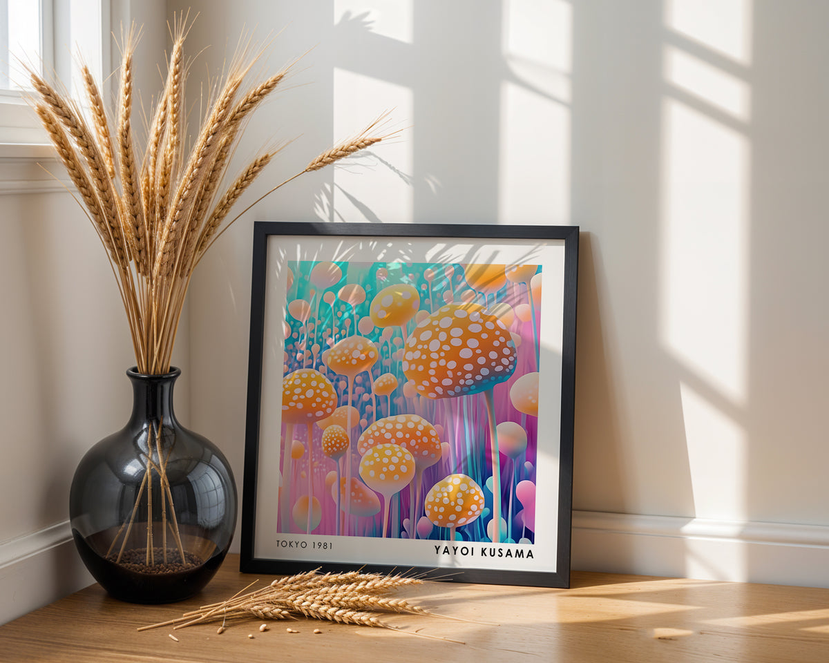 Yayoi Kusama Inspired Orange Mushroom Forest Print | Colourful Polka Dot Wall Art