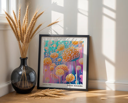 Yayoi Kusama Inspired Orange Mushroom Forest Print | Colourful Polka Dot Wall Art