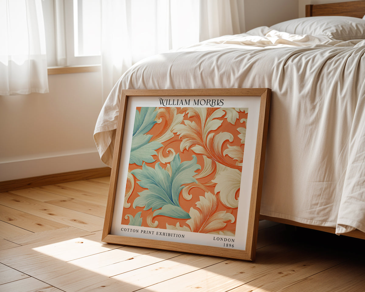 William Morris Style Acanthus Print – Orange & Aqua Square Wall Art
