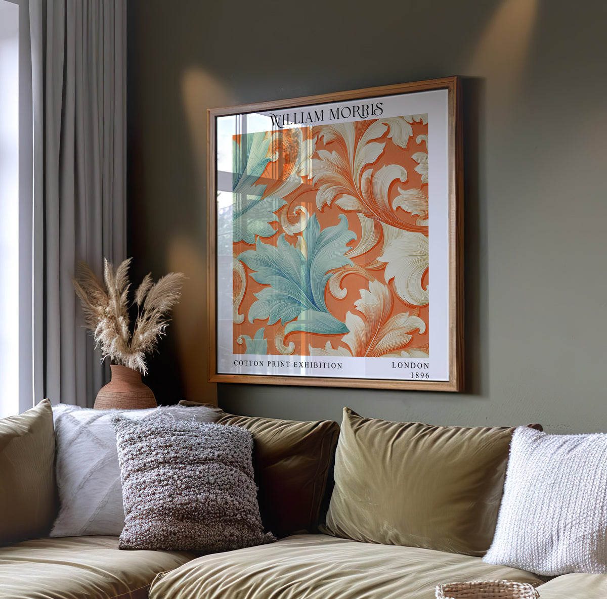 William Morris Style Acanthus Print – Orange & Aqua Square Wall Art