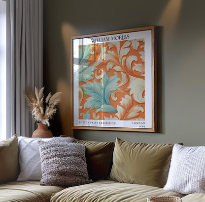 William Morris Style Acanthus Print – Orange & Aqua Square Wall Art