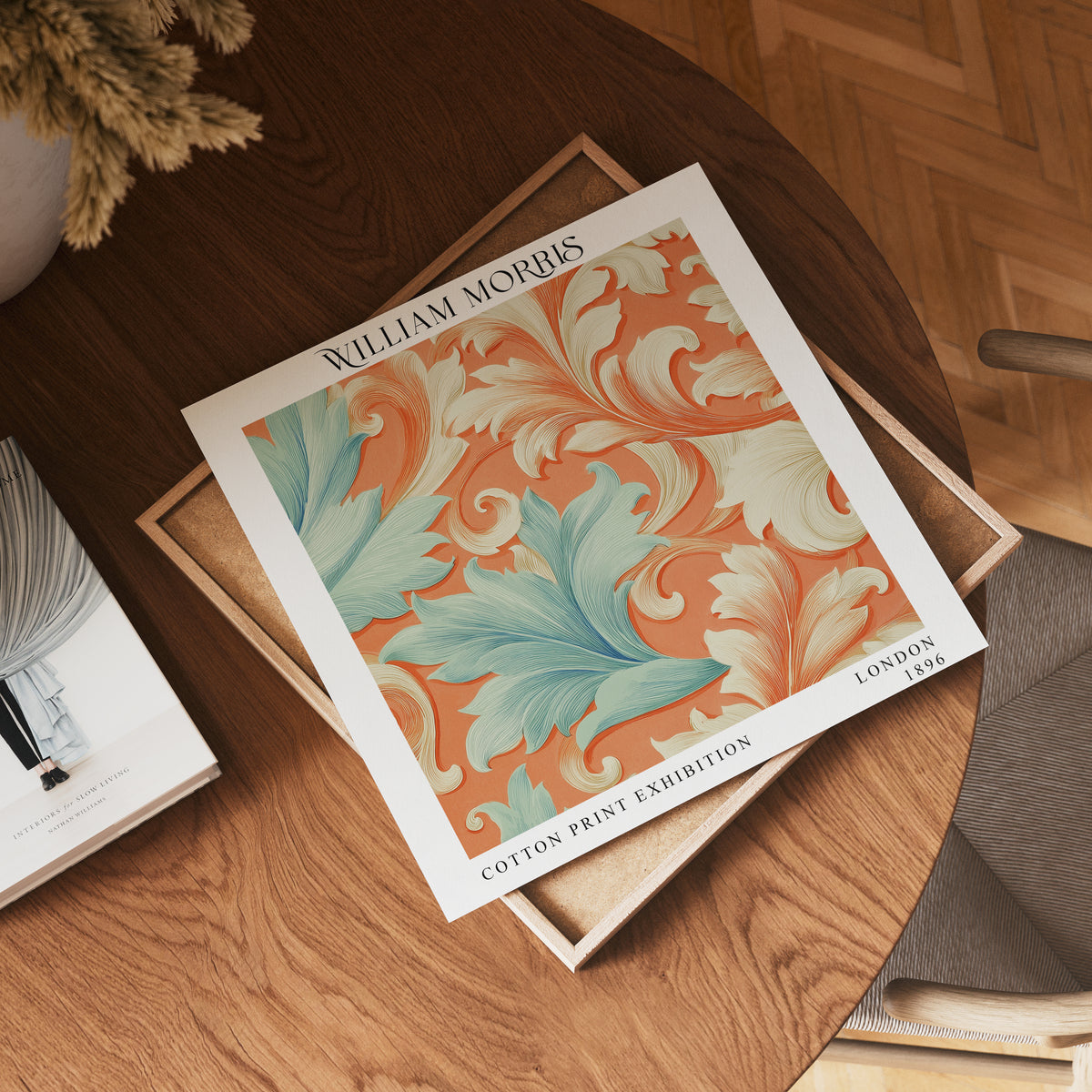 William Morris Style Acanthus Print – Orange & Aqua Square Wall Art
