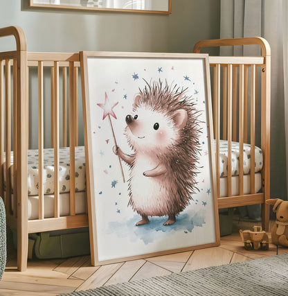 Cute hedgehog holding a pink star wand nursery wall art print