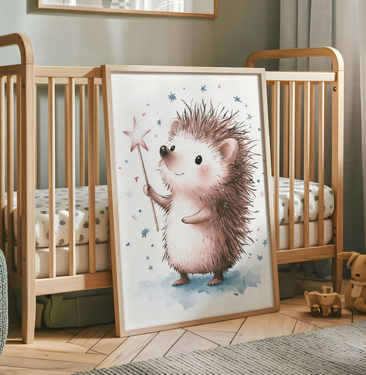 Cute hedgehog holding a pink star wand nursery wall art print