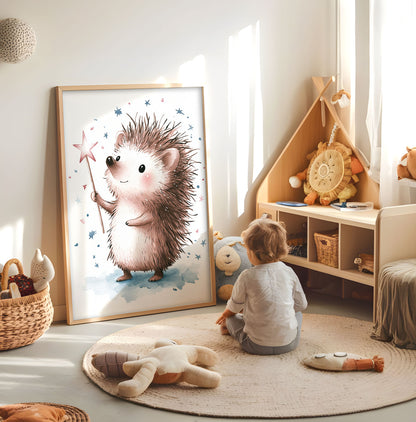 Hedgehog star wand nursery print displayed in a bright child's room