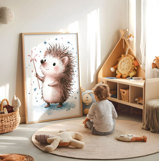 Hedgehog star wand nursery print displayed in a bright child's room