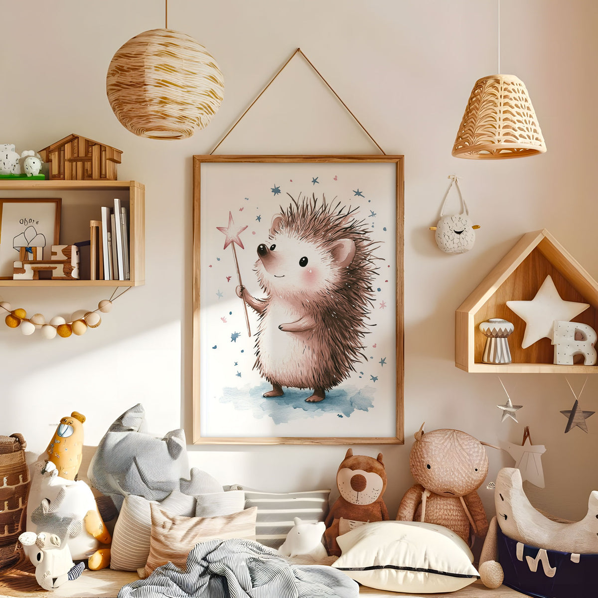 Whimsical hedgehog nursery wall art in a warm kids bedroom