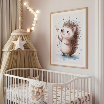 Hedgehog and stars nursery print displayed above a cot