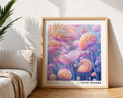 Yayoi Kusama Inspired Pastel Mushroom Garden Print | Colourful Polka Dot Wall Art