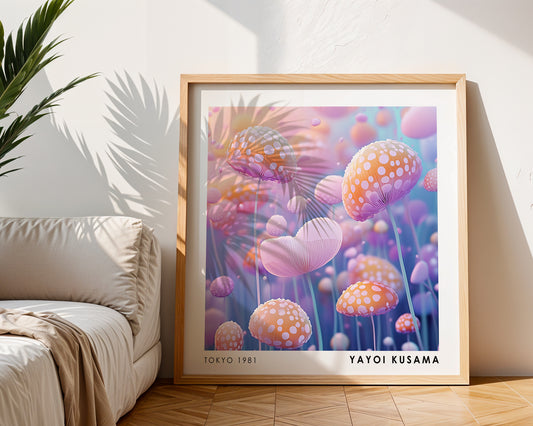 Yayoi Kusama Inspired Pastel Mushroom Garden Print | Colourful Polka Dot Wall Art