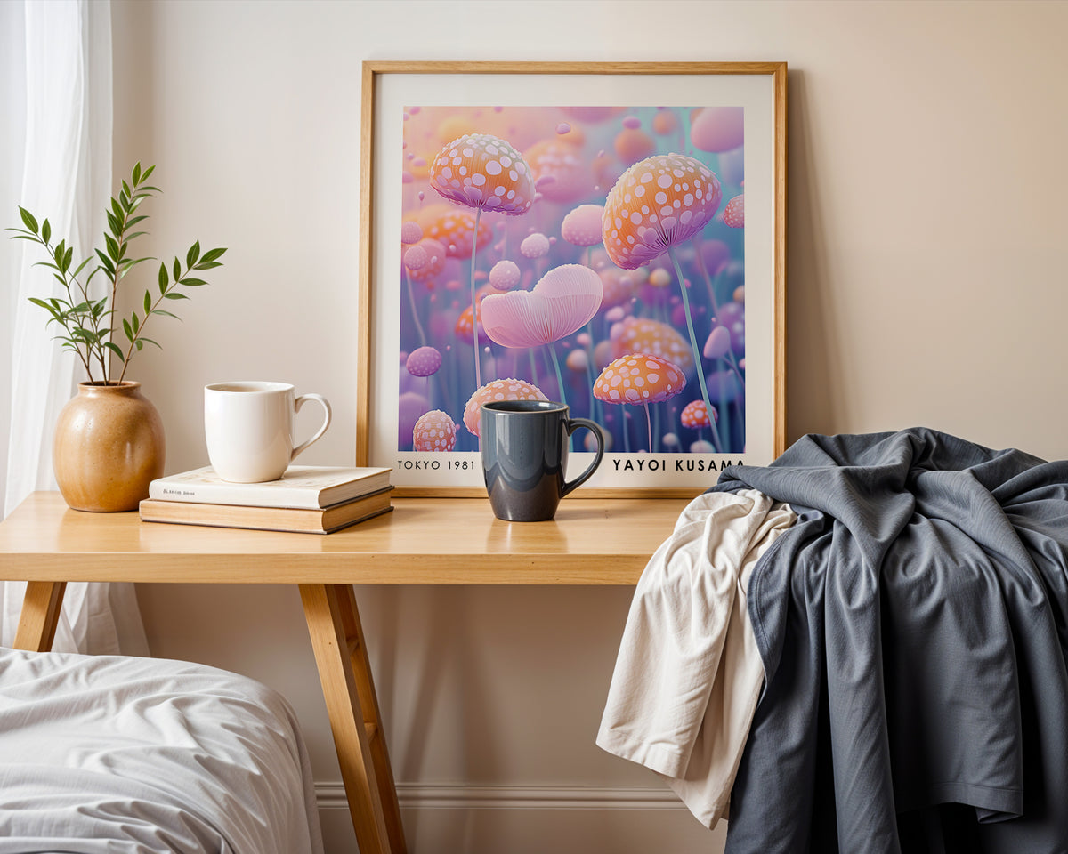 Yayoi Kusama Inspired Pastel Mushroom Garden Print | Colourful Polka Dot Wall Art