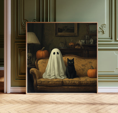 Ghost & Cat Halloween Print - Gothic Wall Art - Whimsical Poster