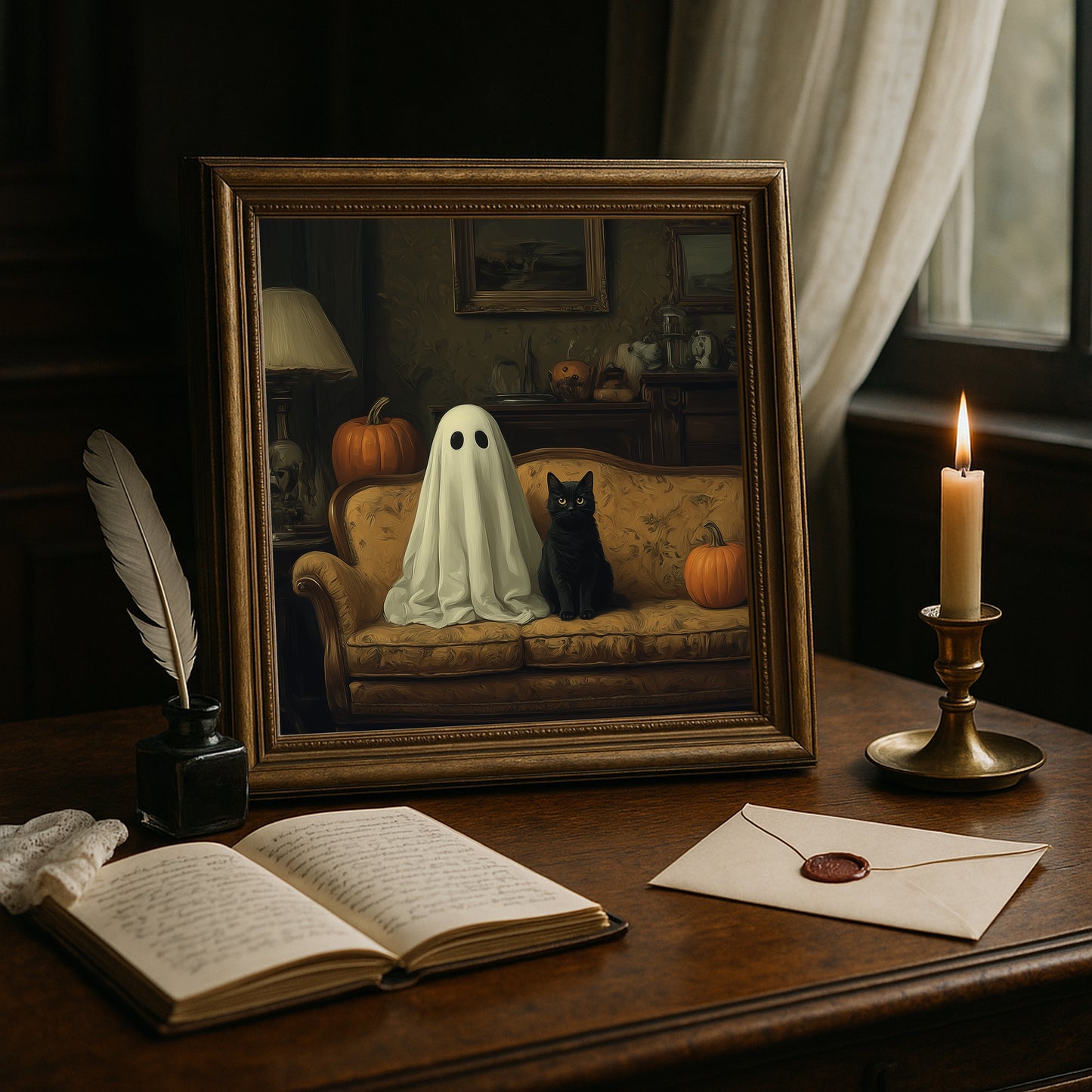 Ghost & Cat Halloween Print - Gothic Wall Art - Whimsical Poster