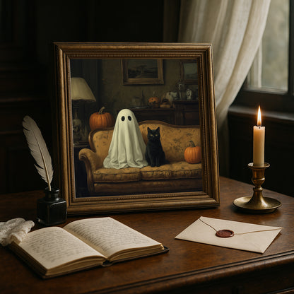 Ghost & Cat Halloween Print - Gothic Wall Art - Whimsical Poster