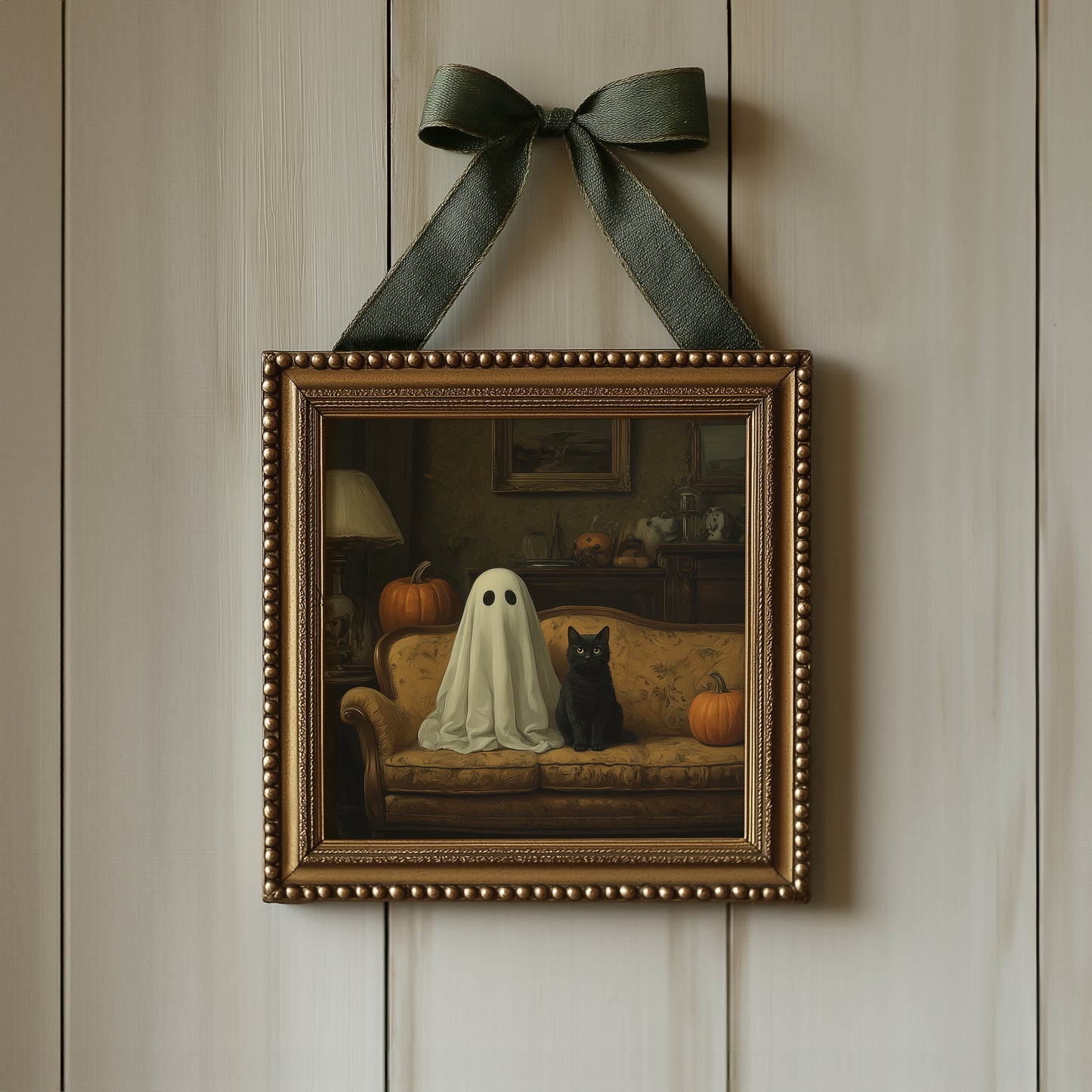 Ghost & Cat Halloween Print - Gothic Wall Art - Whimsical Poster