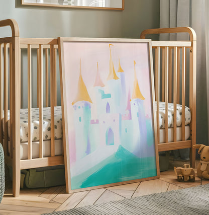 Pastel fairytale castle nursery wall art print in wooden frame