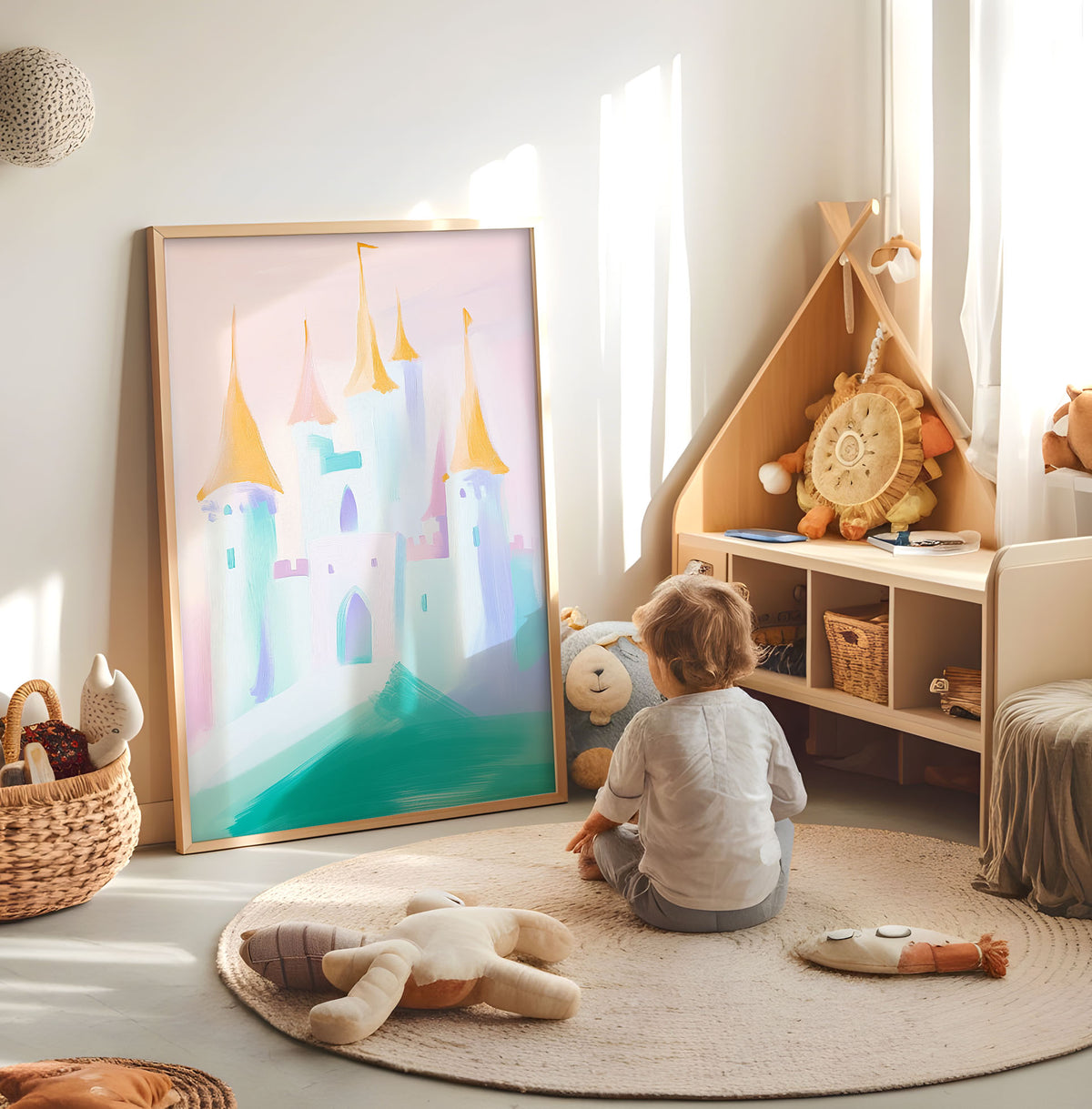 Pastel princess castle nursery print displayed in a bright child's room