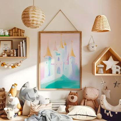 Fairytale castle nursery wall art in a warm kids bedroom