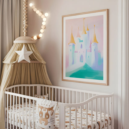 Soft pastel castle nursery print displayed above a cot