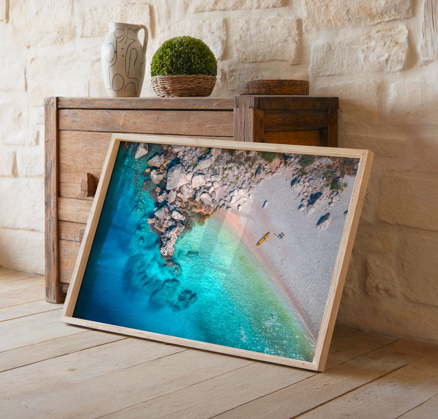 Rocky Cove Beach Print, Aerial Ocean Photography Wall Art Poster, Coastal Travel Decor