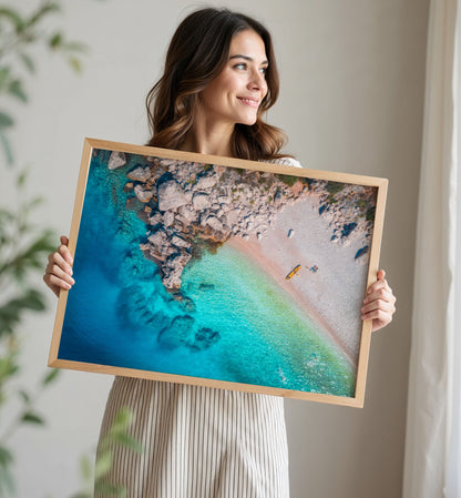 Rocky Cove Beach Print, Aerial Ocean Photography Wall Art Poster, Coastal Travel Decor