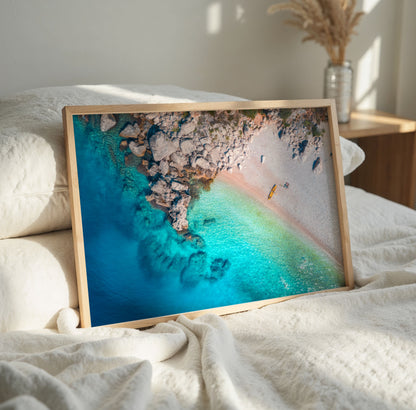 Rocky Cove Beach Print, Aerial Ocean Photography Wall Art Poster, Coastal Travel Decor