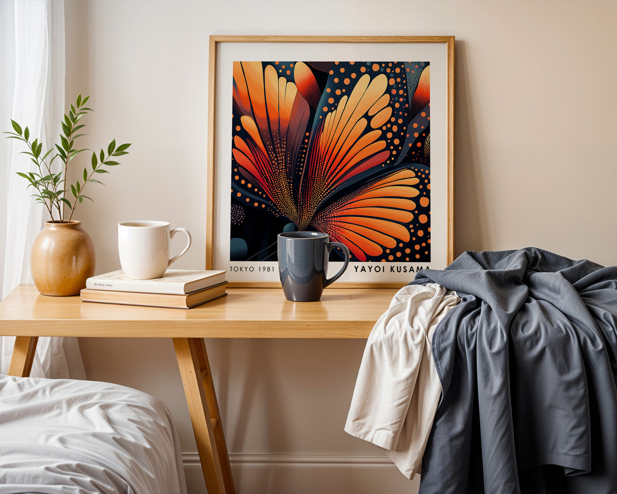 Yayoi Kusama Inspired Orange Butterfly Print | Japanese Polka Dot Wall Art