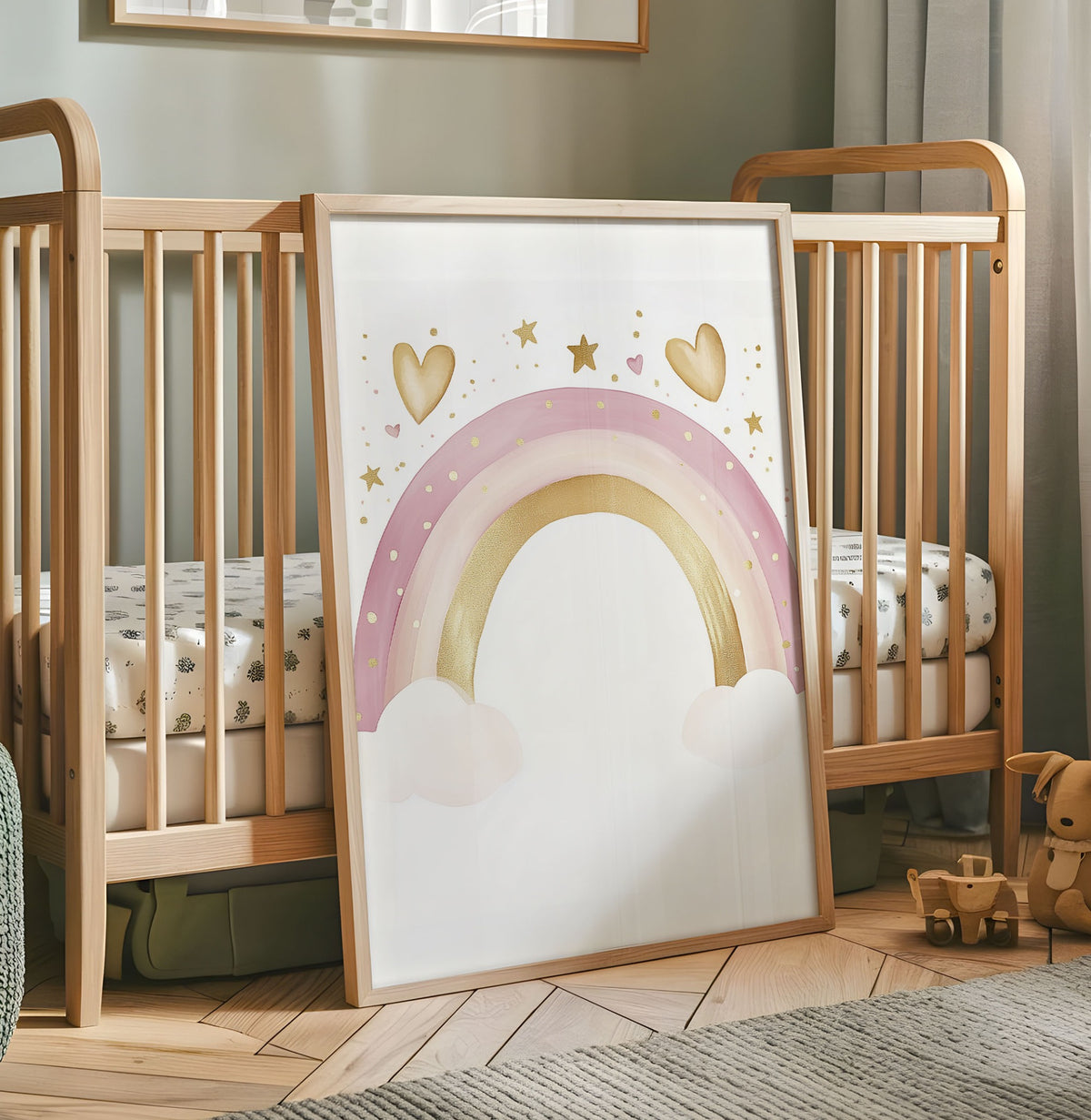 Pink and gold rainbow nursery wall art print with hearts stars and clouds