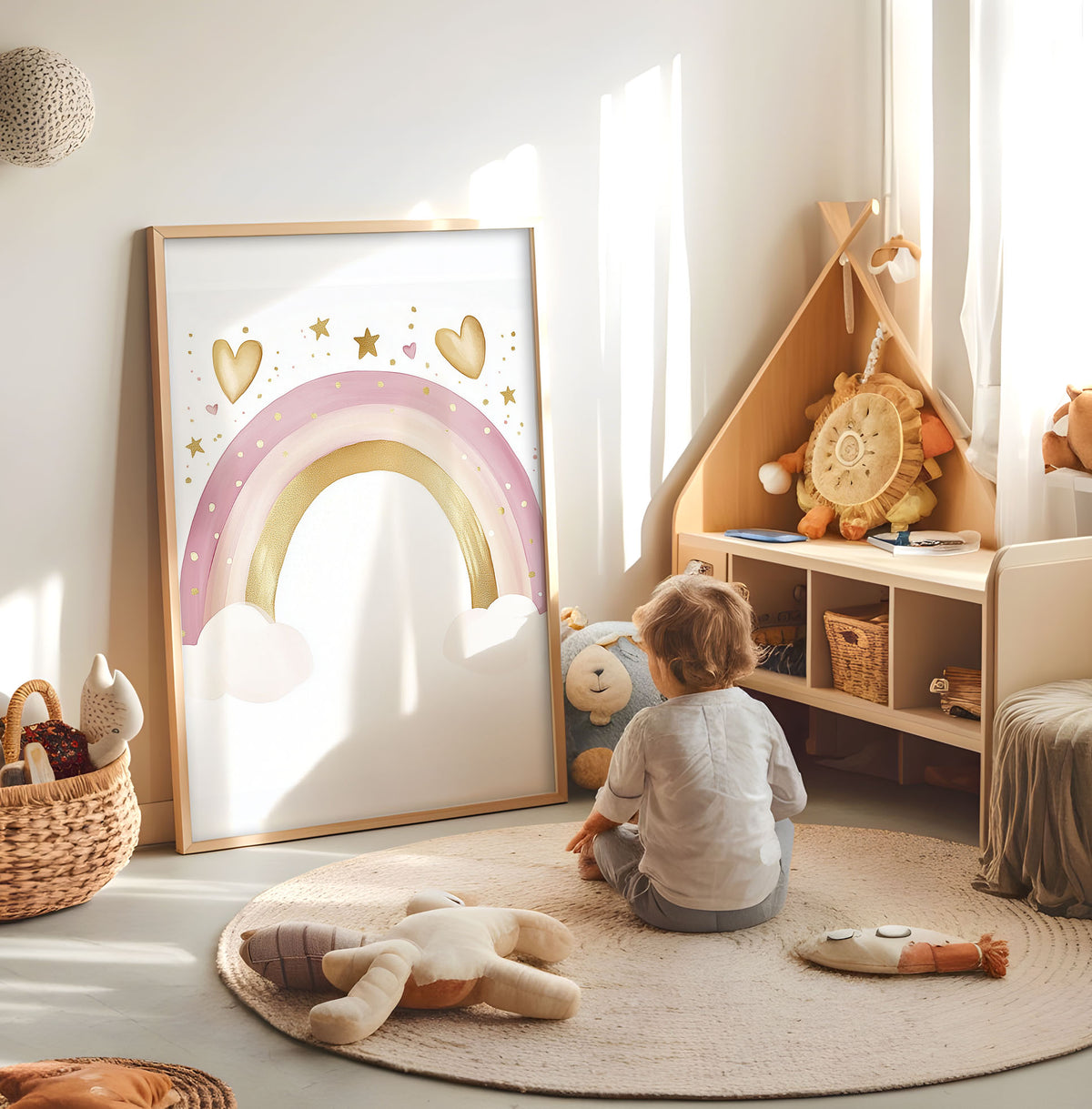 Pink gold rainbow nursery print displayed in a bright child's room