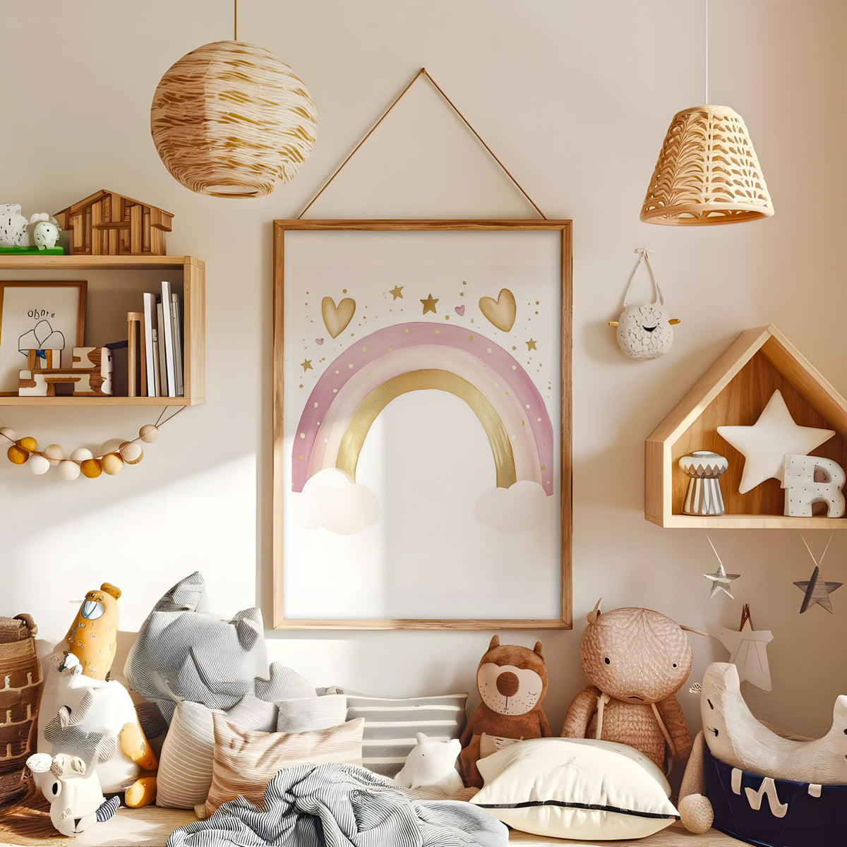 Pink and gold rainbow wall art in a warm neutral nursery
