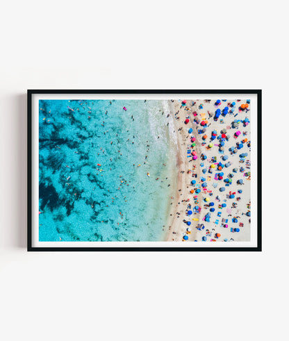 Aerial Beach Umbrella Print, Turquoise Ocean Photography Wall Art Poster, Coastal Summer Decor