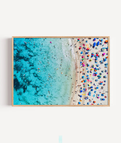 Aerial Beach Umbrella Print, Turquoise Ocean Photography Wall Art Poster, Coastal Summer Decor